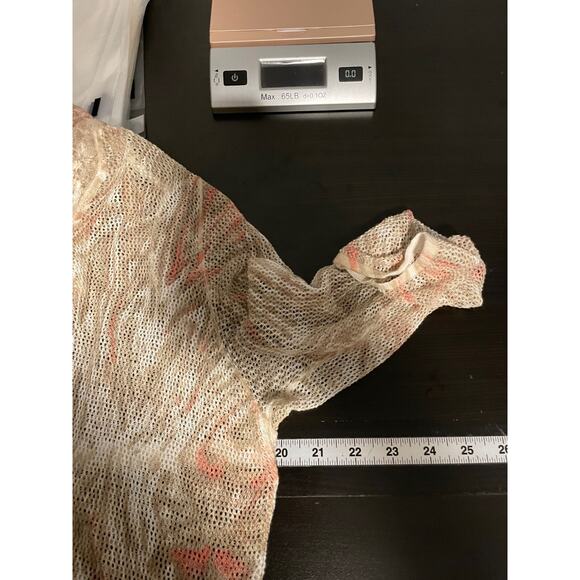 Chicos Womens Kimono Size 2 US L Beige Linen Blend Fringe Hem Sheer Fairy Boho - Picture 8 of 10